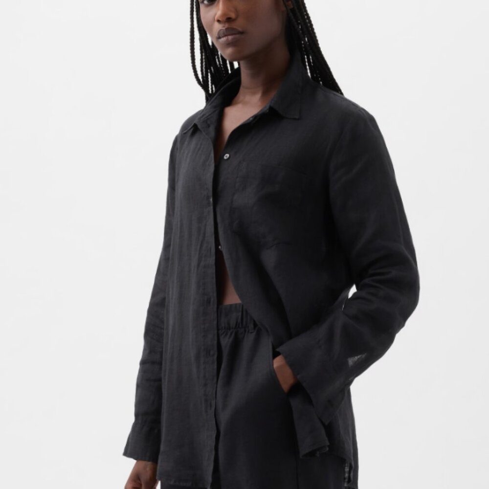GAP 100% Linen Boyfriend Shirt | Black | Medium Petite | New without Tags